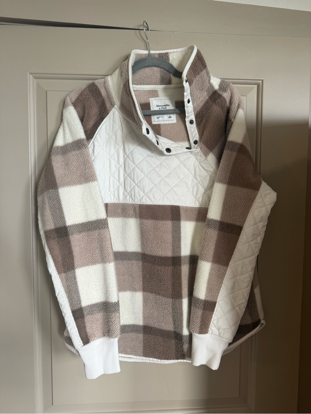 Abercrombie & Fitch Quilted Plaid Pullover Sweater - Cream & Brown
